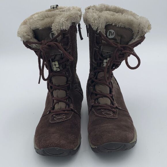 Merrell Women's Dark Brown quilted Winter Boots faux fur trim size 7.5 - Picture 2 of 12